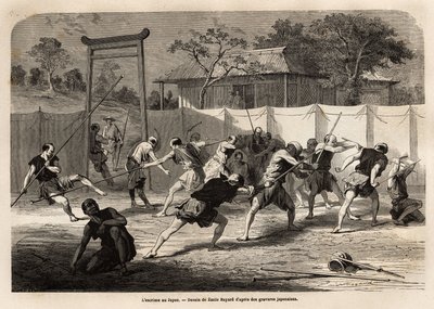 Trening av japanske krigere i sverd- og spydkamp, på en slags arena omgitt av strukket lerret. Gravering for å illustrere reisen til Japan, i 1863-1864, av Aime Humbert, minister for det sveitsiske konføderasjonen, i "" Le tour du monde, nouveau av Unknown artist
