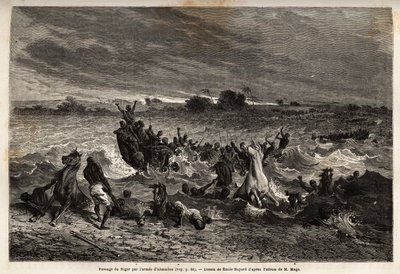 Transporten av kong Ahmadous hær på Niger-elven i regntiden forårsaket ham mange skipsvrak og mange tap av hester. Gravering for å illustrere reisen til Vest-Sudan til løytnant (Marine) M. Mage, i 1863-1866, publisert i "Le tour d av Unknown artist
