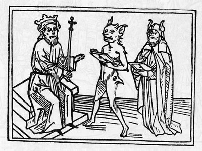 Rettssaken mot Belial: "Demon Belial presenterer sin legitimasjon til dommer Solomon" "Gravering fra "The trial of Belial"" av Jacobus de Teramo (eller Palladino), Ausburg av Unknown artist