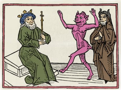 Rettssaken mot Belial: "" Demonen Belial danser foran dommer Solomon""" Gravering fra "The trial of Belial"" av Jacobus de Teramo (eller Palladino), Ausburg av Unknown artist