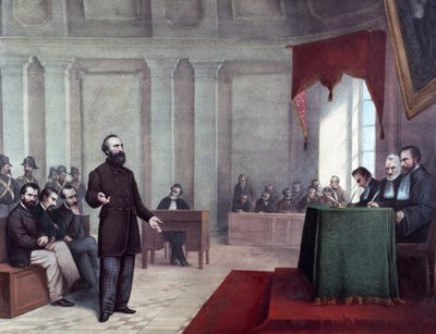 Rettssaken mot Felice Orsini (1819 - 1858) som begikk angrepet 14. januar 1858 på Napoleon III. Litografi fra slutten av 1800-tallet. Milanos private samling ©Luisa Ricciarini/Leemage av Unknown artist