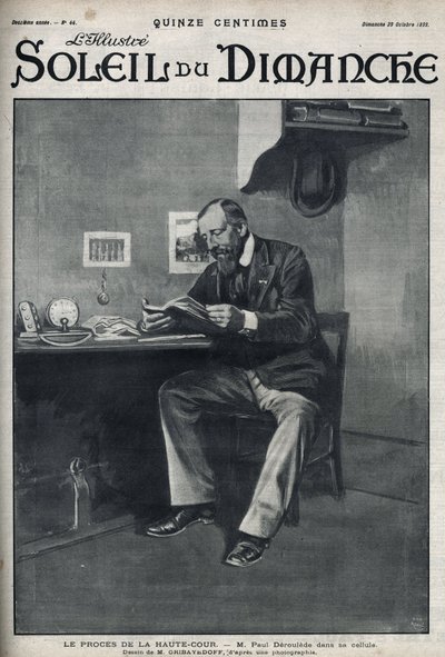 Rettssaken mot Høyesterett: Mr. Paul Deroulede (1846-1914), en fransk forfatter og nasjonalistisk aktivist som er en viktig aktør innen anti-dreyfusisme, i sin celle etter sitt forsøk på statskupp 23. februar. Gravering i “” Le sun-du-dimanche””, 29. oktob av Unknown artist