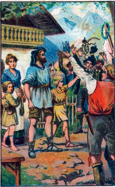 Hyllesten til konføderen til Guillaume Tell (William Tell) (legendariske helter fra sveitsisk uavhengighet) Kromolitografi på slutten av 1800-tallet. av Unknown artist