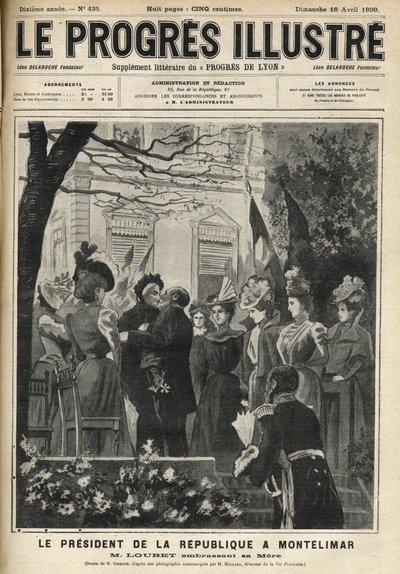 Republikkens presidents reise til Montelimar (Drome, Frankrike): Emile Loubet (1838-1929) og hans mor. Gravering i "The illustrious progress"" fra april 1899. av Unknown artist