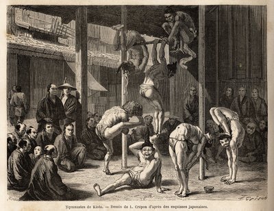 The troupe of the Saltimbanks the gymnasts of Tokio, they perform under a vast shed or are disposed of bamboo mats, all of them are experienced with these physical exercises but also with the practice of comedy. Engraving to illustrate the journey to Japan av Unknown artist