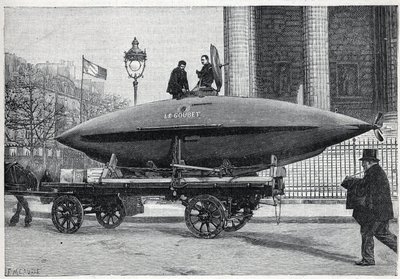 Undervannsbåten (ubåten) "" Le Goubet"", transporterer for eksperimenter, passerer Place de la Madeleine i Paris. Gravering i "" La Nature"" av Unknown artist