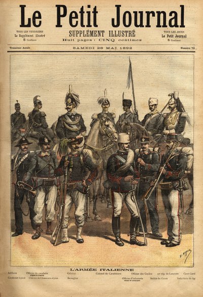 Uniformene til den italienske hæren, en hest fra venstre til høyre: artilleriet, kavalerioffiseren, generalen, obersten til carabinieri, offiseren til guidene, det 10. spydregimentet, det hundrede. Stående fra venstre mot høyre: karabinkroken, th av Unknown artist