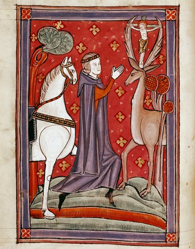 Visjonen til Saint Eustatius Saint Eustachius vendt mot en hjort som bærer et bilde av Kristus, korsfester mellom skogene hans. Miniatyr fra et manuskript fra 1200-tallet. Biblioteca Marciana, Venezia av Unknown artist