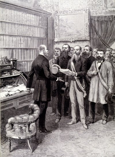 Besøket av arbeidernes delegater til Palais Bourbon (Jules Guesde, Mr Ferroul, Mr Baudin og Mr Thivrier) til presidentskapets generalsekretær: Mr Martin, under demonstrasjonen 1. mai av Unknown artist