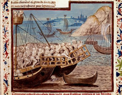 Gallernes krig: "" Barkingen av Jules Cesars tropper og seieren over bretonerne""" Miniatyr hentet fra "" The Facts of the Romans"" (eller Li Fet of the Romans), sammenstilt av Saluste og Suetoine og Lucan. 1480 (ms. 1055, fol. 54 av Unknown artist