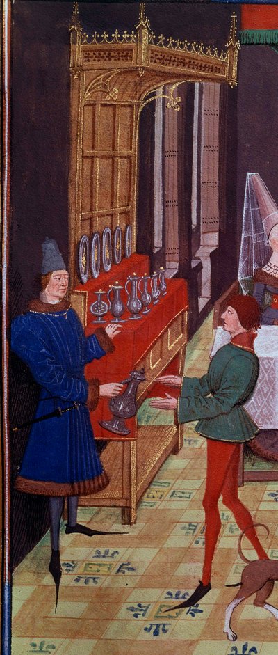 Bryllupsbanketten til Clarisse, datter av kong Yvon av Gascogne og Renaud Detail som representerer tjenerne som bringer vin. Miniatyr fra manuskriptet «Renaud de Montauban» eller «Les quatre fils Aymon» av Loyset Liedet (aktiv mellom 1448 og 1478). Ms. av Unknown artist