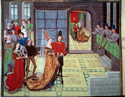 Bryllupet til Renaud og Clarisse, i bakgrunnen på bryllupsnatten. Miniatyr fra manuskriptet «Renaud de Montauban» eller «Les quatre fils Aymon» av Loyset Liedet (aktiv mellom 1448 og 1478). Ms. 5073. Bibliotheque de l
