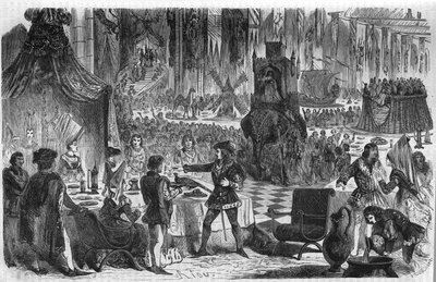 Fasanens ønske. Philip III Le Bon, hertug av Burgund (1396-1467) sluttet seg til keiseren av Konstantinopel 17. februar 1454 for en bankett på hotellet i Salle de Lille. Gravering fra 1800-tallet. av Unknown artist