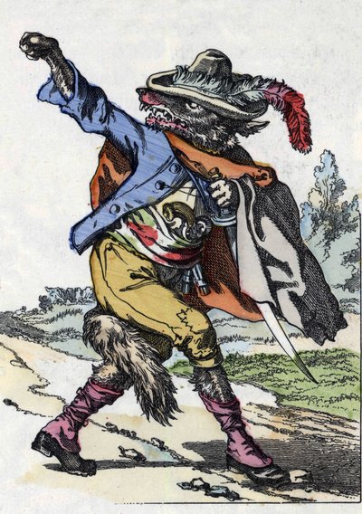 The wolf. Illustration of the tale “Compere le Loup, Maitre Renard, Comere la Chevre et ses petits biquets”” after a fable by Jean de la Fontaine. In “” Tales from the home for the little ones””. Anonymous engraving of the 19th century. av Unknown artist