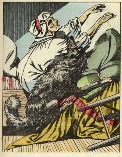 Ulven slår bestemoren til Rødhette. Illustrasjon av historien "Den lille rødhette" av Charles Perrault av Unknown artist