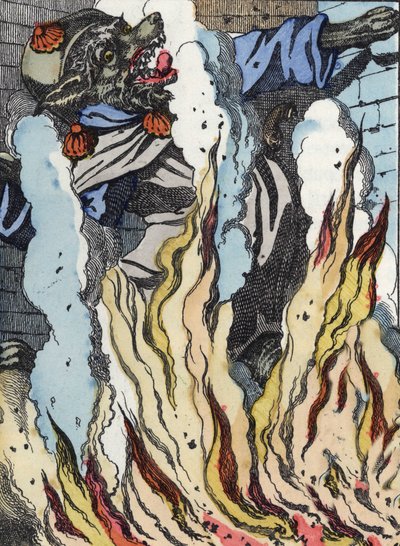 The wolf falls into the fire of the chimney. Illustration of the tale “Compere le Loup, Maitre Renard, Comere la Chevre et ses petits biquets”” after a fable by Jean de la Fontaine. In “” Tales from the home for the little ones””. Anonymous engraving of th av Unknown artist