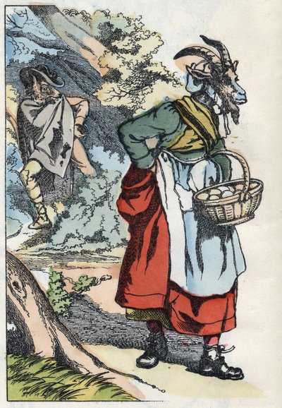 The wolf is looking for the goat leaving his home. Illustration of the tale “Compere le Loup, Maitre Renard, Comere la Chevre et ses petits biquets”” after a fable by Jean de la Fontaine. In “” Tales from the home for the little ones””. Anonymous engraving av Unknown artist