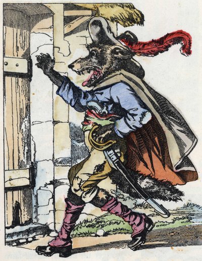 Ulven banker på døren til bikethuset. Illustrasjon av fortellingen "Compere le Loup, Maitre Renard, Comere la Chevre et ses petits biquets"" etter en fabel av Jean de la Fontaine. I "" Fortellinger fra hjemmet for de minste"". Anonym gravering o av Unknown artist
