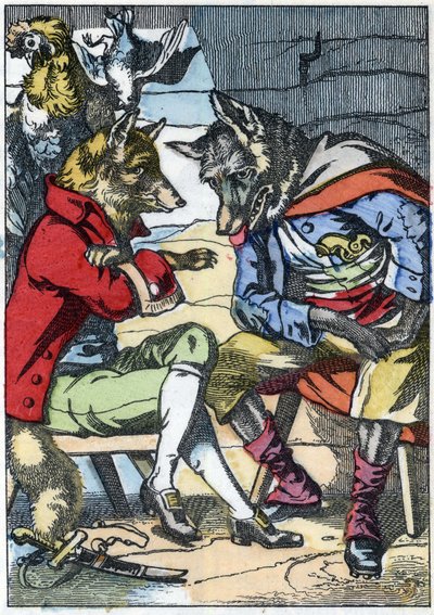 Ulven møter reven igjen. Illustrasjon av fortellingen "Compere le Loup, Maitre Renard, Comere la Chevre et ses petits biquets"" etter en fabel av Jean de la Fontaine. I "" Fortellinger fra hjemmet for de minste"". Anonym gravering fra 1800-tallet. av Unknown artist