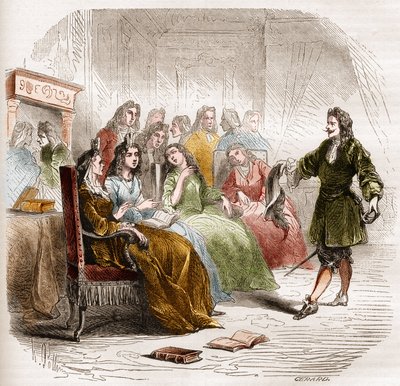 The writer Georges de Scudery (1598-1667) during a litterary salon organized by his sister, Madeleine de Scudery, in 1650. Engraving from 1860-1861. av Unknown artist