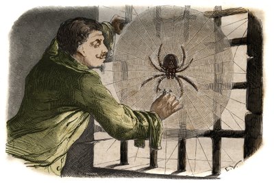 The writer Paul Pellisson (Paul Pellisson-Fontanier dit) (Pellisson Fontanier) (1624-1693) tames an araignee during his imprisonment at the Bastille. Engraving from 1858 in “” Le Musee Des Sciences”” av Unknown artist