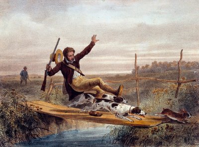 Feil trinn. En jeger faller fra en liten bro, skyver av hunder som kjører en hare. Gravering av 1800-tallet. Gien, Jaktmuseum av Unknown artist