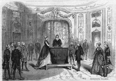 Theatre de l'Ambigu comique i Paris: scene for sjakkspilleren. Piece de theater "" la czarine"", drama av Jules Adenis (1823-1900) og Octave Gastineau. Gravering i "" The Illustrious Universe"" av Unknown artist
