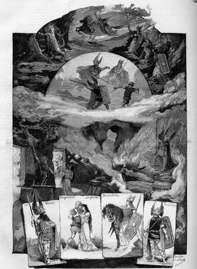Teaterstykket "" Die Walkure"" (Valkyrien), drama av Richard Wagner (1813-1883) representerer på Théâtre de la Monnaie i Brussel. Gravering i ""The illustrious world"" av Unknown artist