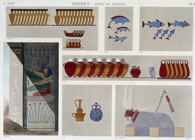 Theben: Bybân el Molouk. pl 87: Malerier av den 5. kongegraven i øst, 7. basrelieff fra inngangen til samme grav i "" Egyptian Antiquites"", sd. 1800-tallet av Unknown artist