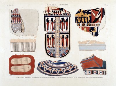 Theben, hypogeier: 1.2.3.6.7.8. malerier fra mammakonvolutter 4.5. Detaljer om en frynser og et stripete lerret, funnet på mumier - i "" Description of Egypt"" 1809, Antiquite vol 2 pl 112 av Unknown artist
