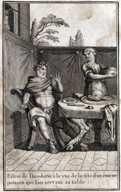 Theodoric the Great (ca. 454/455-526), king of the Goths, is frightened at the sight of the head of a huge fish serving on his table. Engraving in “Beaute de l