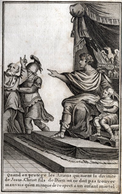 Theodosius I (Flavius Theodosius) (347-395), romersk keiser, fikk Amphiloque, eveque av Icone, arrestert for manglende respekt for sin sønn, Arcadius (377-408). Evequen erklærer "Når vi beskytter arianerne som fornekter Jesu Kristi guddommelighet, Gud av Unknown artist