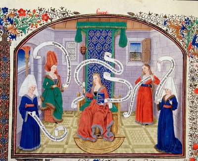Teori om intellektuelle dyder. Tekstene er skrevet i phylacteres. Miniatyr fra manuskriptet (Ms 927 Fol.93v) "" Commentary on Political and Economic Ethics"" av den greske filosofen Aristoteles (383-322 f.Kr.) oversatt av Nicolas Oresme (1325-1382) av Unknown artist