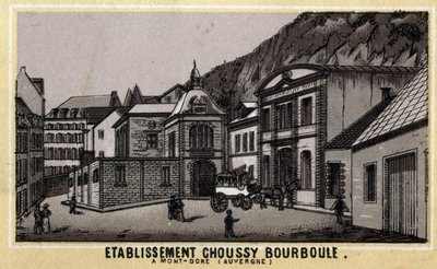 Termiske etablissementer til Choussy a Bourboule i Monts Dore-massivet, i departementet Puy-de-Dome i Auvergne. Kromolitografi fra slutten av 1800-tallet. av Unknown artist