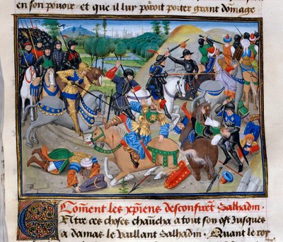 Tredje korstog: "Hvordan de kristne bekrefter Saladin"" Saladin (1138-1193) (Salah al Din Yusuf al-Ayyubi (al Ayyubi) blir beseiret av korstogene rundt 1191. Miniatyr fra "" Chronicle abregee"" av David Aubert av Unknown artist