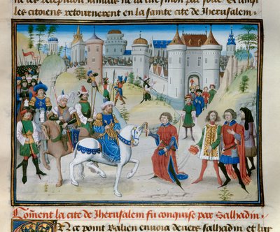 The Third Crusade: The Capture of Jerusalem av Sultan Saladin (1138-1193). Miniatyr fra "" Chronicle abregee"" av David Aubert av Unknown artist