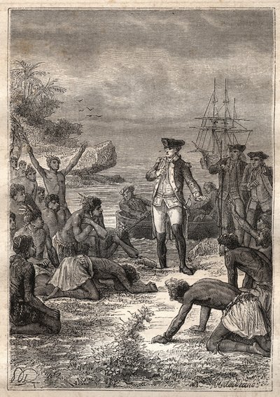 Tredje reise (1776-1779) av kaptein James Cook (1728-1779): Cook blir ønsket velkommen av de innfødte (Hawaii) - illustrasjon hentet fra "The Great Mariners of the 18th century" av Unknown artist