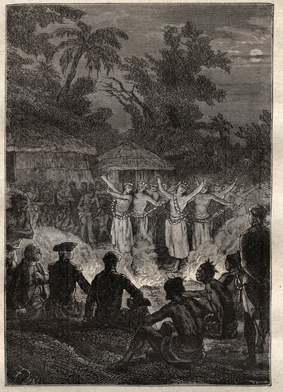 Third voyage (1776-1779) by Captain James Cook (1728-1779): a feast on the islands of the Friends (Kingdom of Tonga, Polynesia) - illustration taken from “The Great Mariners of the 18th century”” av Unknown artist