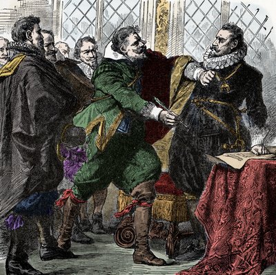 Tretti års krig: Signer det, Nandel! - Tretti års krig (1618-1648): Grev Paul Jakob von Starhemberg (1560-1635) ber keiser Ferdinand II (1578-1637) signere en avtale om å gjenopprette freden i Böhme av Unknown artist