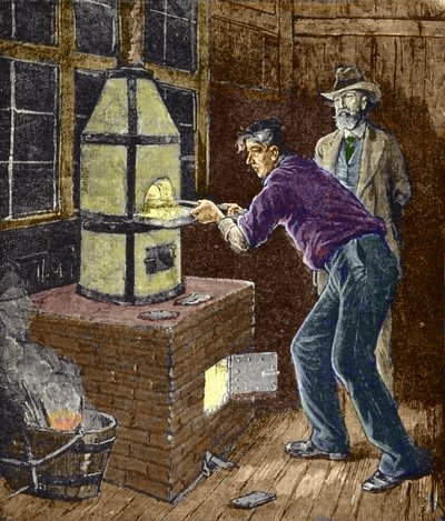 Thomas Edison eksperimenterer rundt 1879 med karbonpapir til glødelampen. av Unknown artist