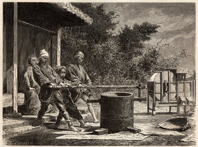 Tre bønder som driver rismøllen. Gravering for å illustrere reisen til Japan i 1863-1864, av Aime Humbert, minister for det sveitsiske konføderasjonen, i "Le tour du monde, nouveau journal des voyages", utgitt under ledelse av Edouard Charton av Unknown artist