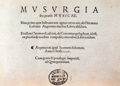 Tittelside til Musurgias praktiske håndbok for musikk (1536) av Unknown artist
