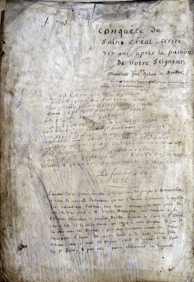 Tittelside til et manuskript: Erobringen av Saint Gréal, skrevet 717 år etter lidenskapen til vår herre. Bibliotheque Municipale de Rennes, ms. 255 (Samling av romaner om det runde bord); Paris av Unknown artist