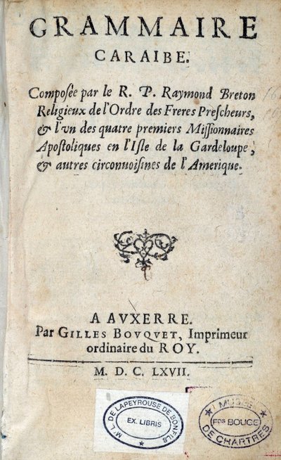 Tittelsiden til "" karibisk grammatikk"" av ærverdig far Raymond Breton, dominikansk nybygger. 1667 Chartres, Musee des Beaux Arts av Unknown artist