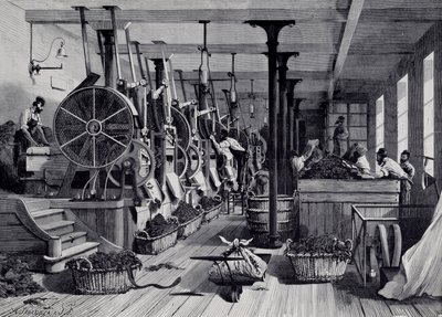 Tobakksfabrikk, vaskerom og tobakksrapage. Gravering rundt 1867. Paris, Musee Carnavalet av Unknown artist