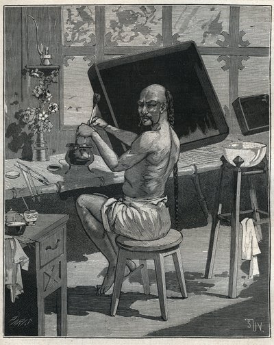 Tong oljemangel i Kina. Gravering fra 1885 i "" Les arts et metiers illustres"" av Adolphe BITARD. av Unknown artist