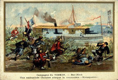 Tonkin-kampanje: i Bac-Ninh angriper et kinesisk bakhold pistolbåten "" Carabiner"" - chromo., sent på 1800-tallet av Unknown artist