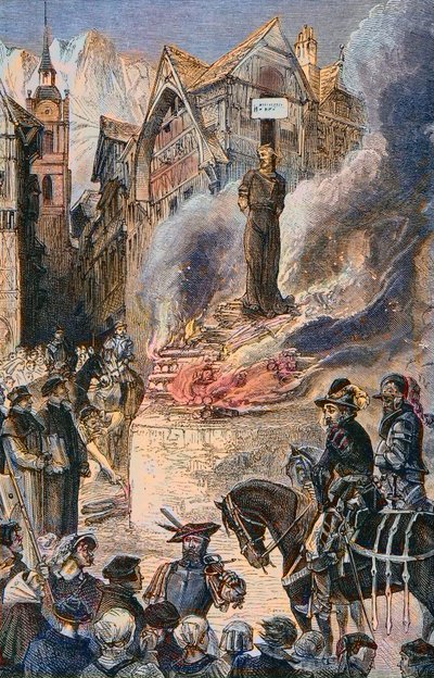 Tortur av Michel Servet i Genève (Michael Servetus) (Michel de Villeneuve) Spansk lege og teolog (1511-1553) - Le torice de Michel Servet (Miguel Serveto) (1511-1553) en Genève, spansk lege og teolog Gravering av Unknown artist