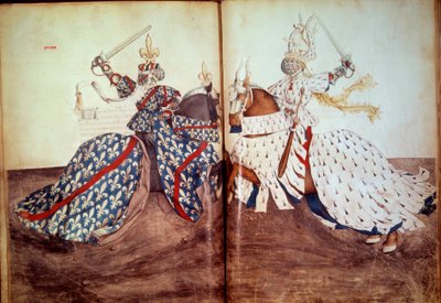 Turnering: Spill av den kallende herren og tiltalte herren (hertugen av Bretagne og hertugen av Bourbon-ansiktet). Manuskript "" Book of tournaments"" (Folio 32v - folio33) av Rene d