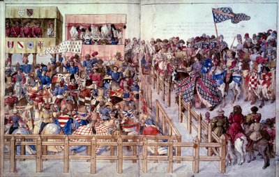Turnering: De snurrende ridderne avlegger ed i konkurransen foran herrenes tribuner. Miniatyr i «Traite des tournaments»» av Unknown artist